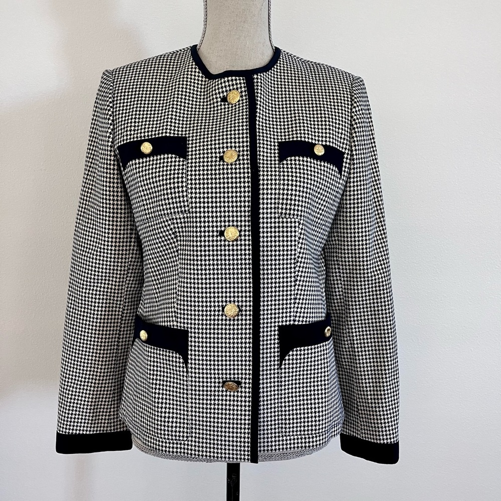 Collarless Leather Feel Jacket Blazer Full Lined Navy White Lattice‎